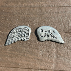 Pewter angel wing pocket token set with “Always with you” message, memorial keepsake