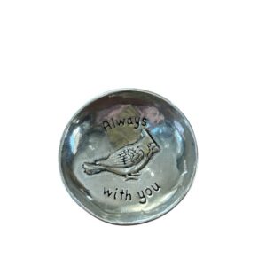 Cardinal keepsake dish handcrafted in pewter with inspirational sentiment