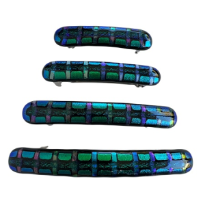 Set of four iridescent dichroic glass hair barrettes in blue, teal, green, and purple grid pattern on white background