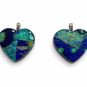 Blue and green dichroic glass heart pendant with shimmering swirl pattern, handmade fused glass jewelry