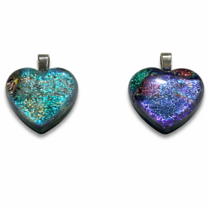 Small blue dichroic glass heart pendants with iridescent texture, handmade fused glass jewelry