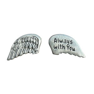 Pewter angel wing pocket token on white “Always with you” message, memorial keepsake